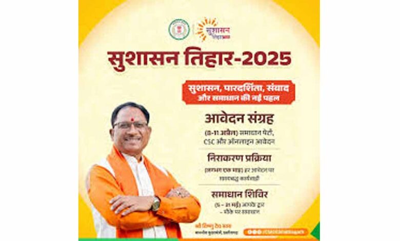 जन समस्याओं के त्वरित समाधान हेतु सुशासन तिहार-2025 का आयोजन 08 अप्रैल से जन समस्याओं के त्वरित समाधान हेतु सुशासन तिहार-2025 का आयोजन 08 अप्रैल से
