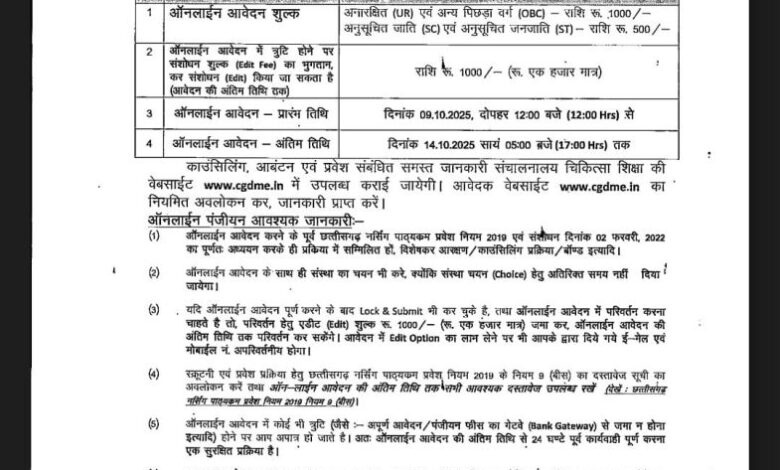 ‘‘न्यू लाईफ‘‘ में बी.एस.सी. नर्सिंग प्रवेश प्रक्रिया हेतु 09 अक्टूबर से आनलाइन आवेदन प्रारंभ