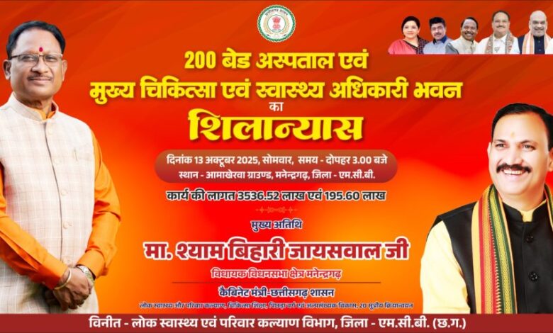 मनेन्द्रगढ़ में 220 बेड अस्पताल और सीएमएचओ भवन का होगा शिलान्यास।