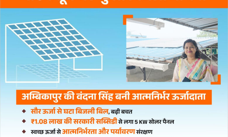 वंदना सिंह बनीं ऊर्जा के मामले में आत्मनिर्भर: सौर ऊर्जा से घटा बिजली बिल, बढ़ी बचत और पर्यावरण संरक्षण की दिशा में बढ़ाया कदम…. वंदना सिंह बनीं ऊर्जा के मामले में आत्मनिर्भर: सौर ऊर्जा से घटा बिजली बिल, बढ़ी बचत और पर्यावरण संरक्षण की दिशा में बढ़ाया कदम….